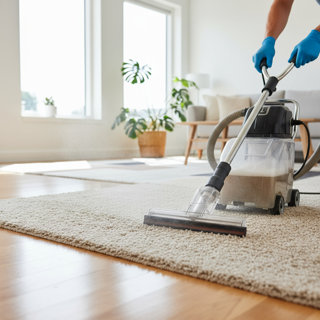 Hot‑Water‑Extraction Teppichreinigung in einem hellen Wohnzimmer