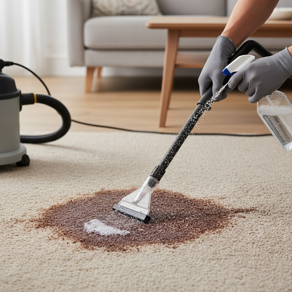 Behandlung eines Teppichflecks mit Profi‑Werkzeug